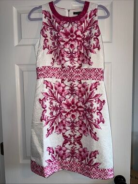 Boston Proper White Sleeveless Dress with Pink Ornate Floral Print